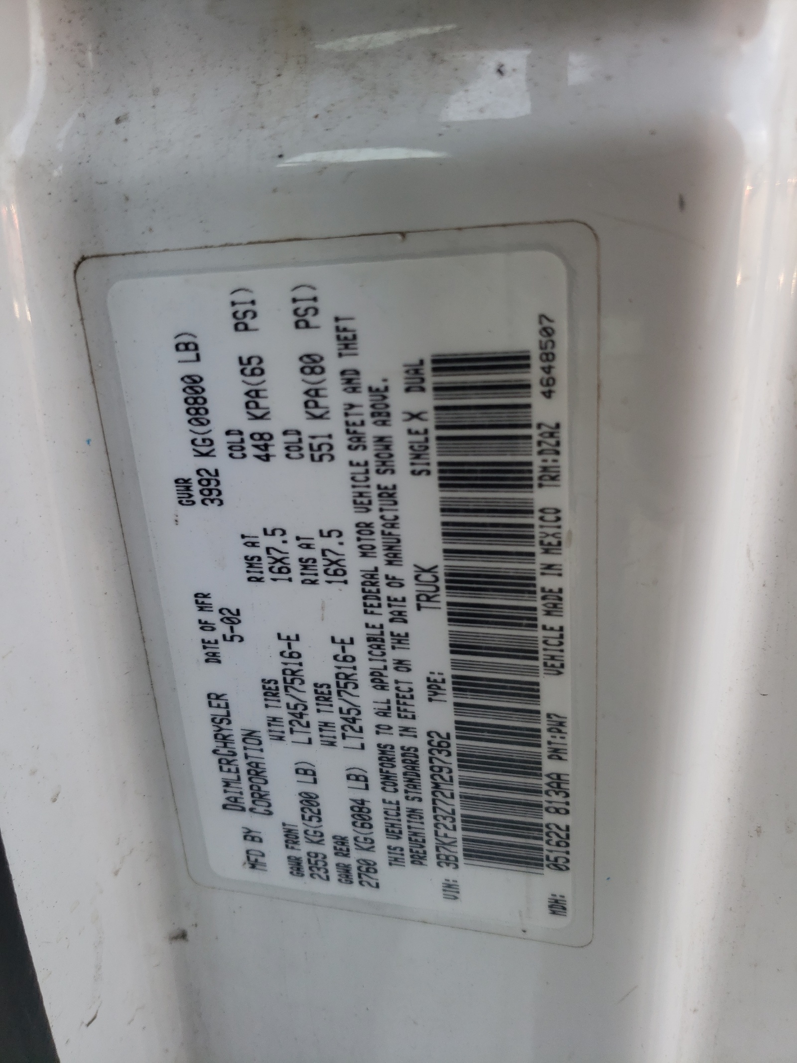 3B7KF23Z72M297362 2002 Dodge Ram 2500