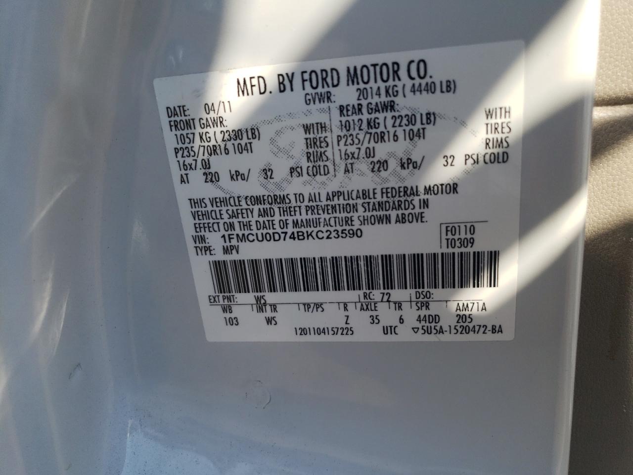 2011 Ford Escape Xlt VIN: 1FMCU0D74BKC23590 Lot: 63881954