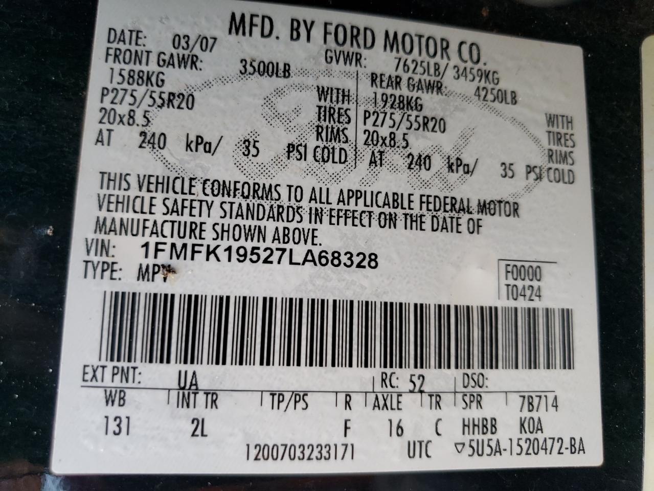 2007 Ford Expedition El Limited VIN: 1FMFK19527LA68328 Lot: 63442894