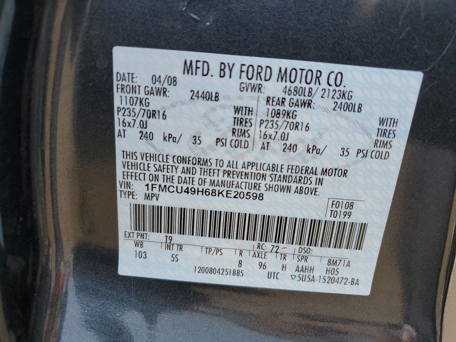 1FMCU49H68KE20598 2008 Ford Escape Hev