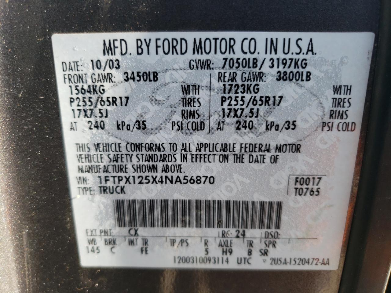 2004 Ford F150 VIN: 1FTPX125X4NA56870 Lot: 63342534