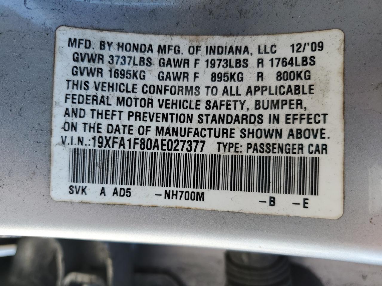 2010 Honda Civic Ex VIN: 19XFA1F80AE027377 Lot: 61378864