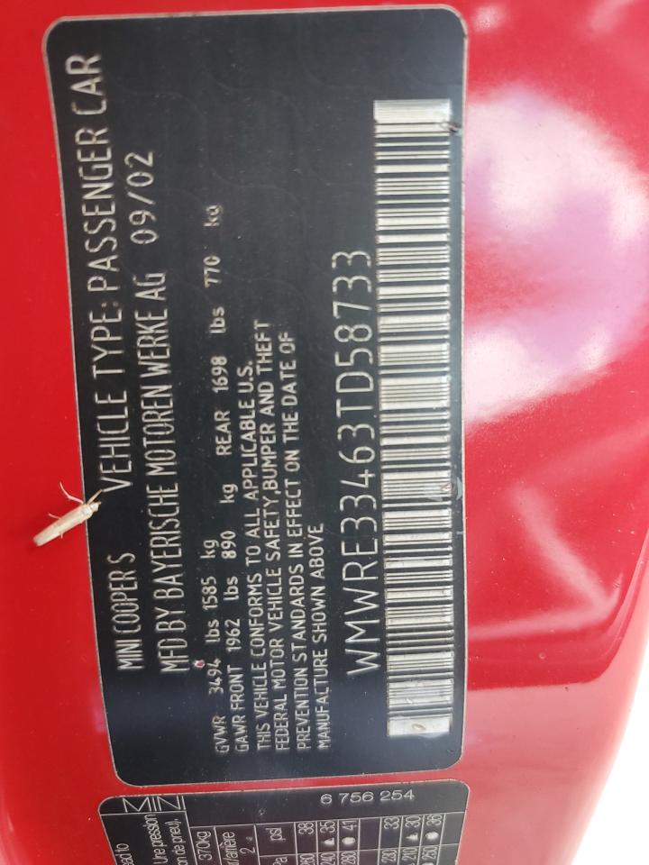 2003 Mini Cooper S VIN: WMWRE33463TD58733 Lot: 64294814
