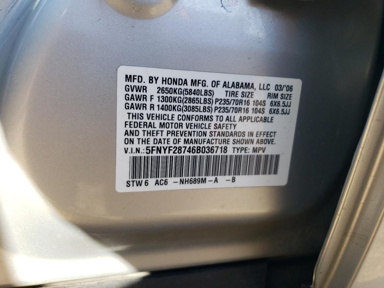 2006 Honda Pilot Ex VIN: 5FNYF28746B036718 Lot: 63479074