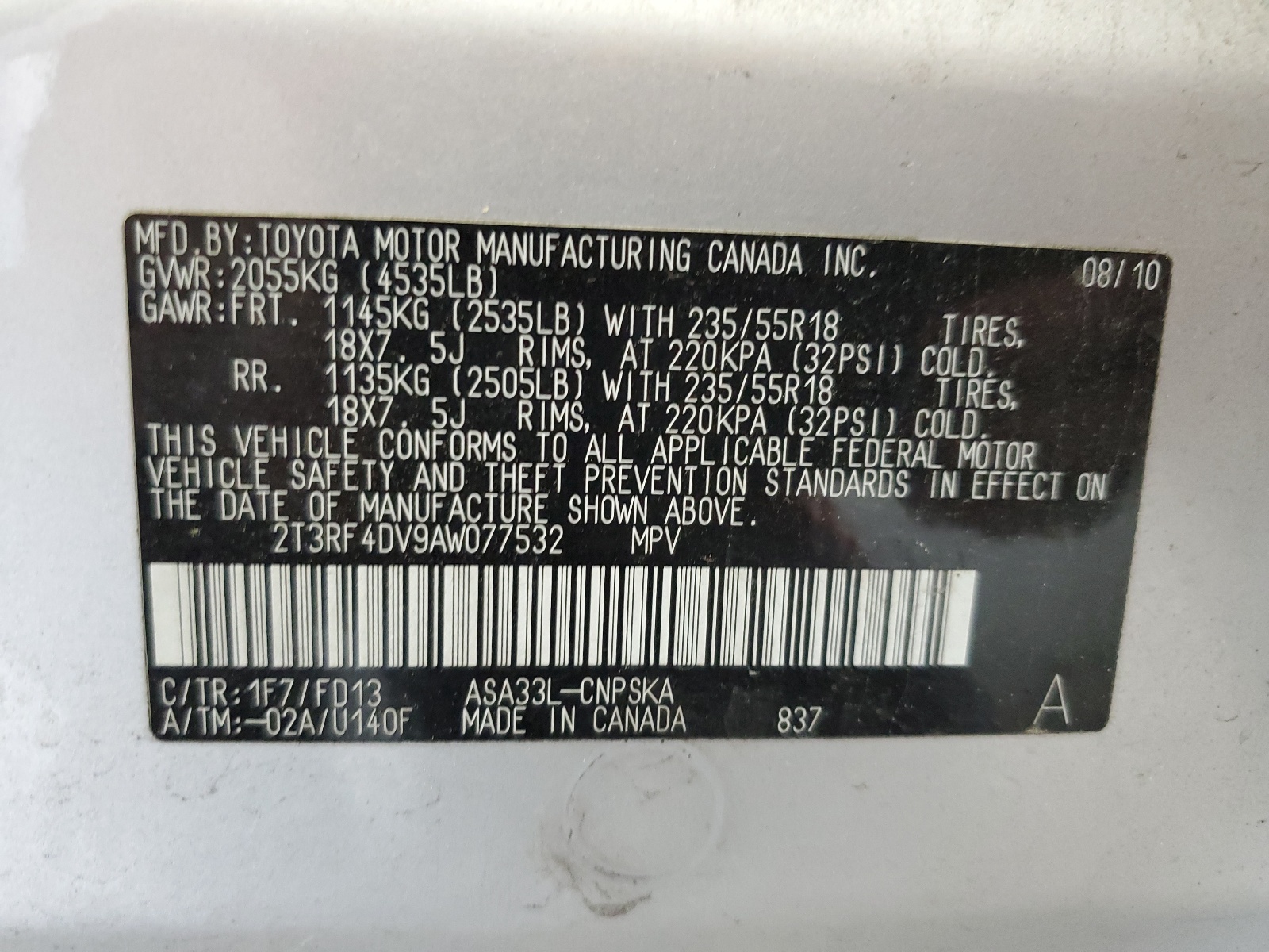 2T3RF4DV9AW077532 2010 Toyota Rav4 Sport