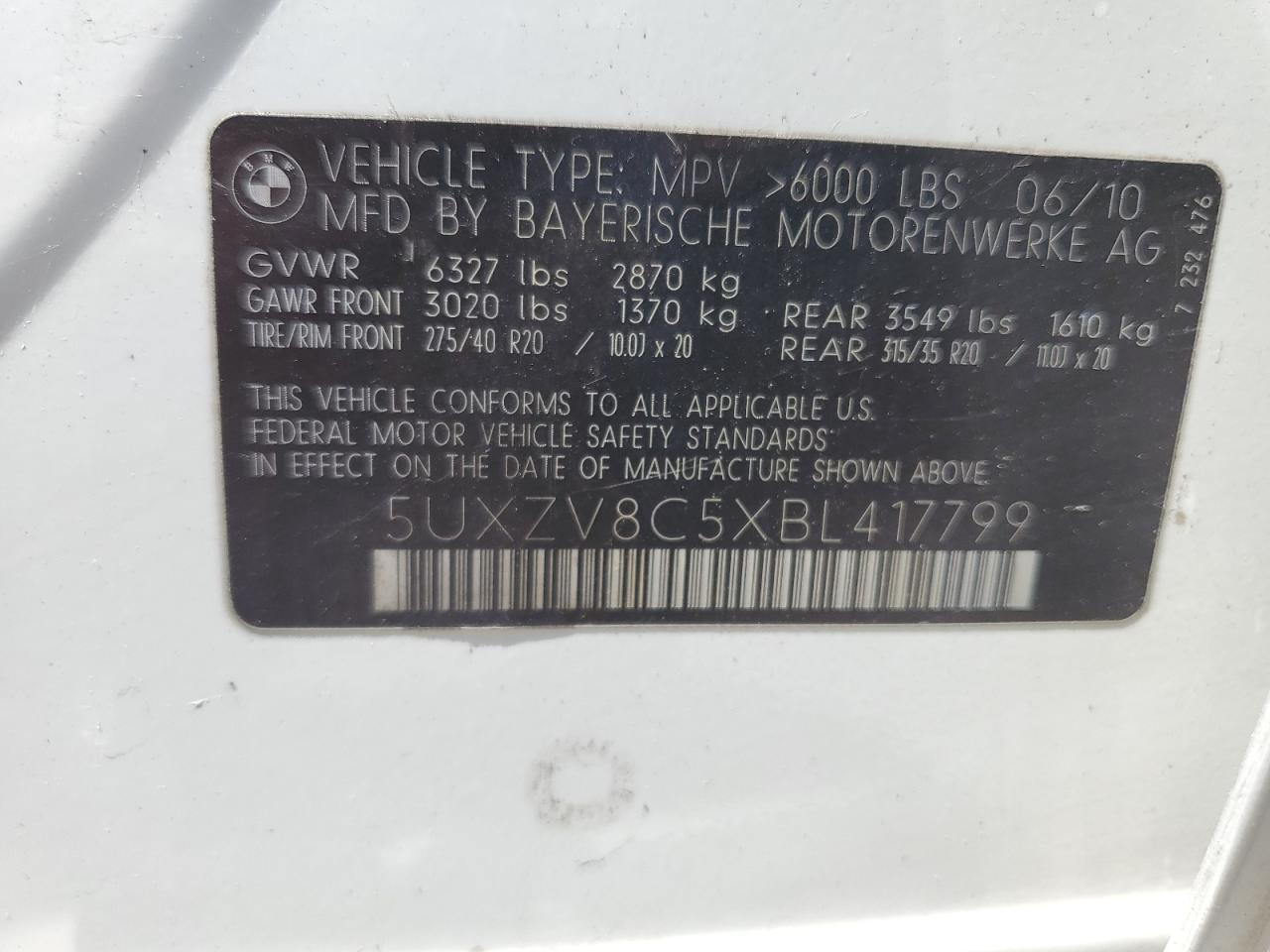 2011 BMW X5 xDrive50I VIN: 5UXZV8C5XBL417799 Lot: 62714624