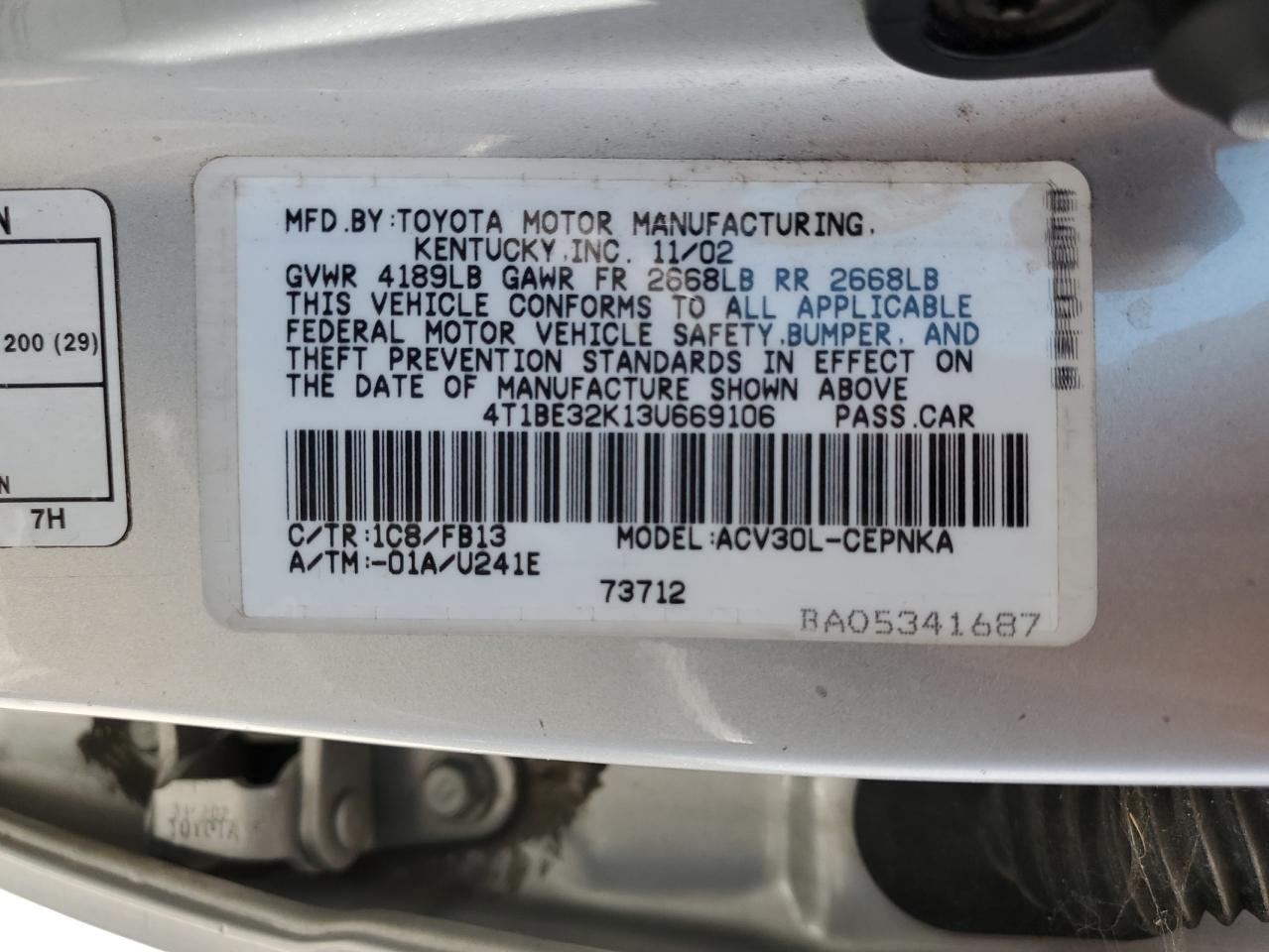 2003 Toyota Camry Le VIN: 4T1BE32K13U669106 Lot: 64062114