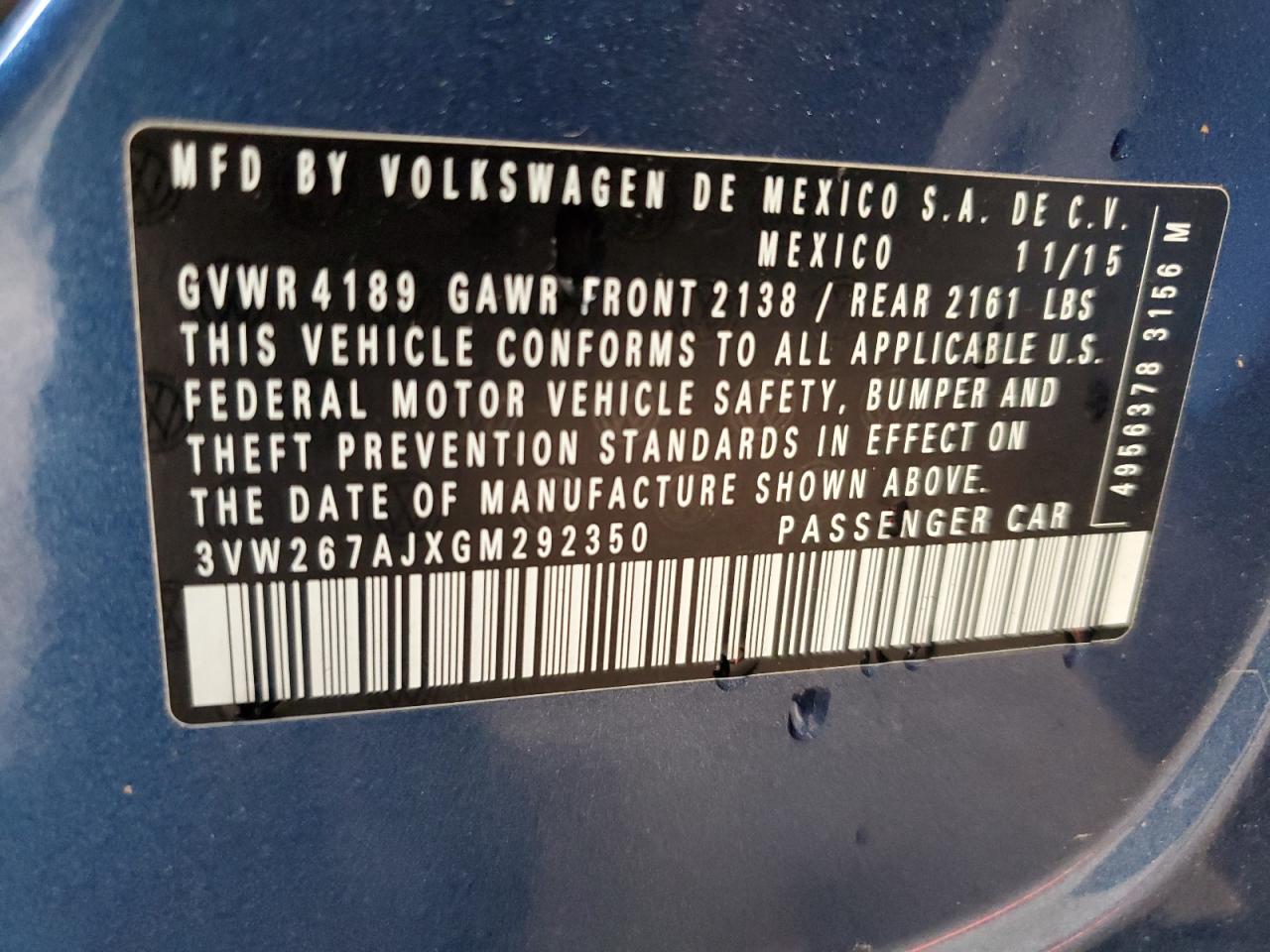 2016 Volkswagen Jetta S VIN: 3VW267AJXGM292350 Lot: 63002544