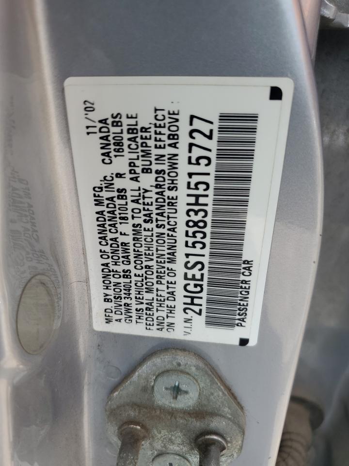 2003 Honda Civic Lx VIN: 2HGES15583H515727 Lot: 62908784