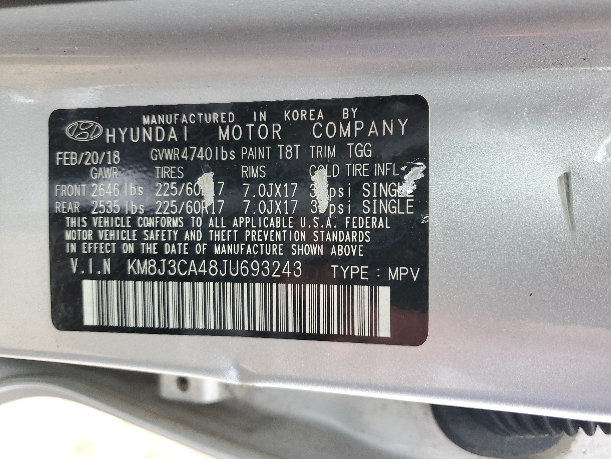 KM8J3CA48JU693243 2018 Hyundai Tucson Sel