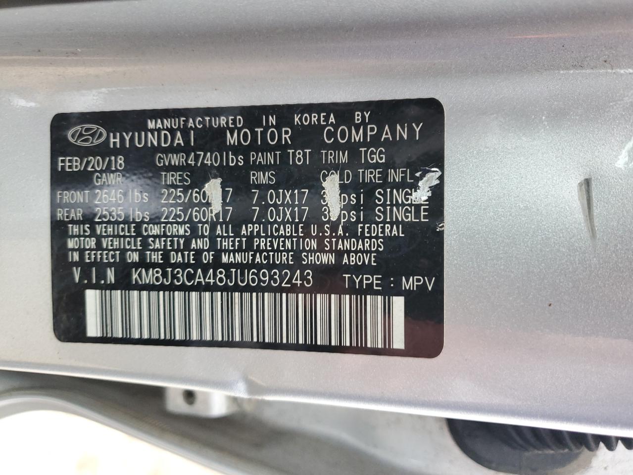 2018 Hyundai Tucson Sel VIN: KM8J3CA48JU693243 Lot: 64075664