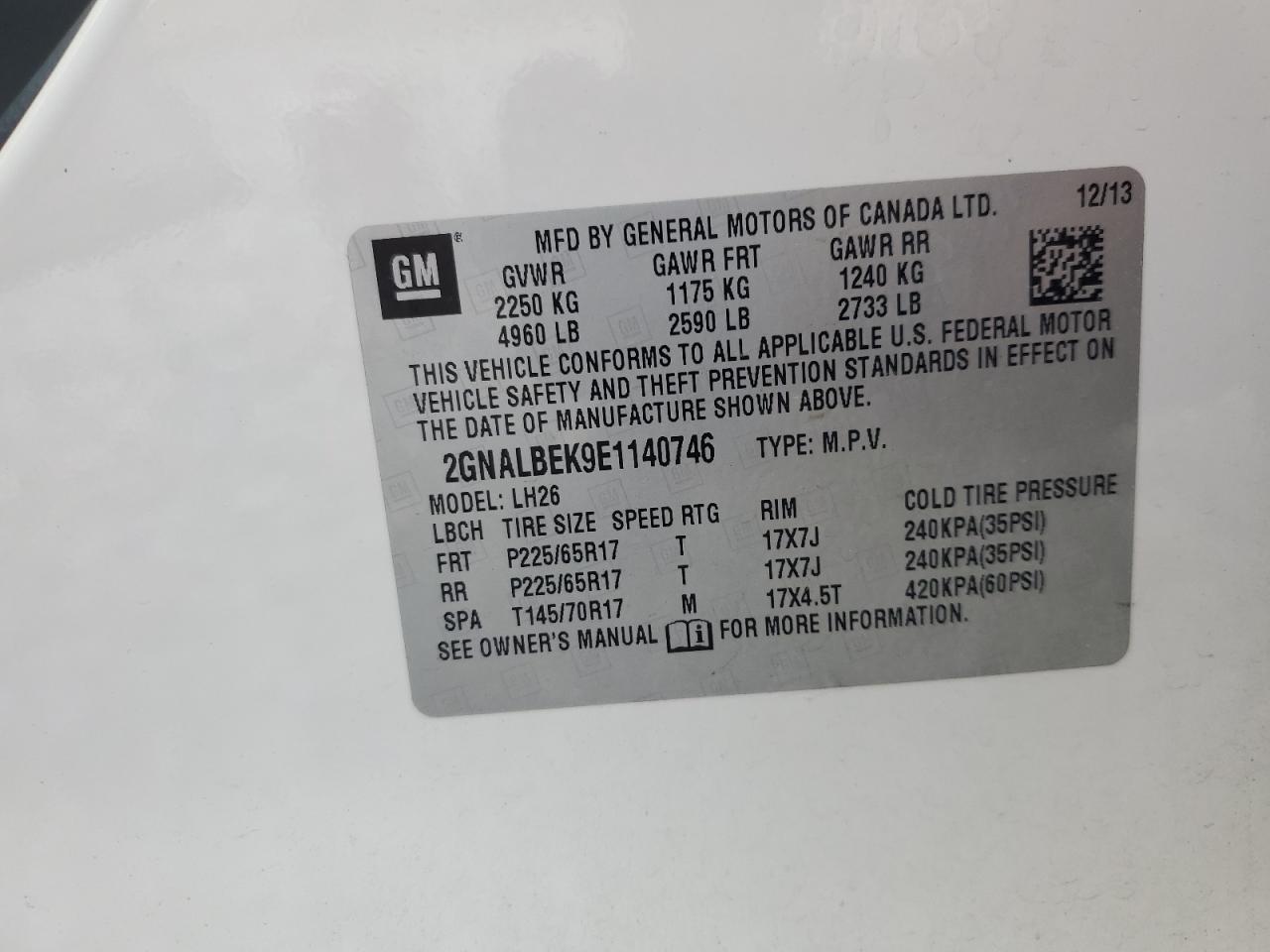 2014 Chevrolet Equinox Lt VIN: 2GNALBEK9E1140746 Lot: 61308654