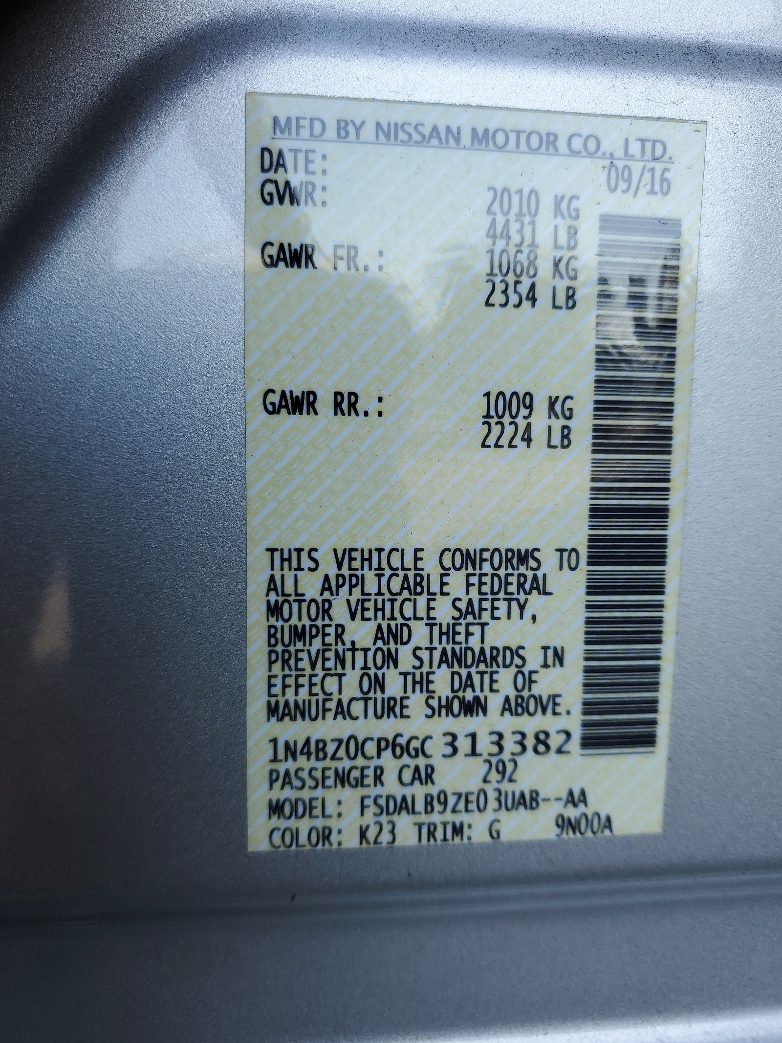 1N4BZ0CP6GC313382 2016 Nissan Leaf Sv