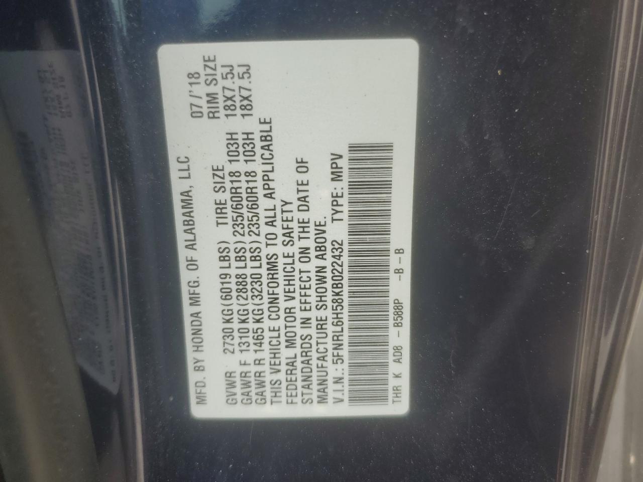 5FNRL6H58KB022432 2019 Honda Odyssey Ex