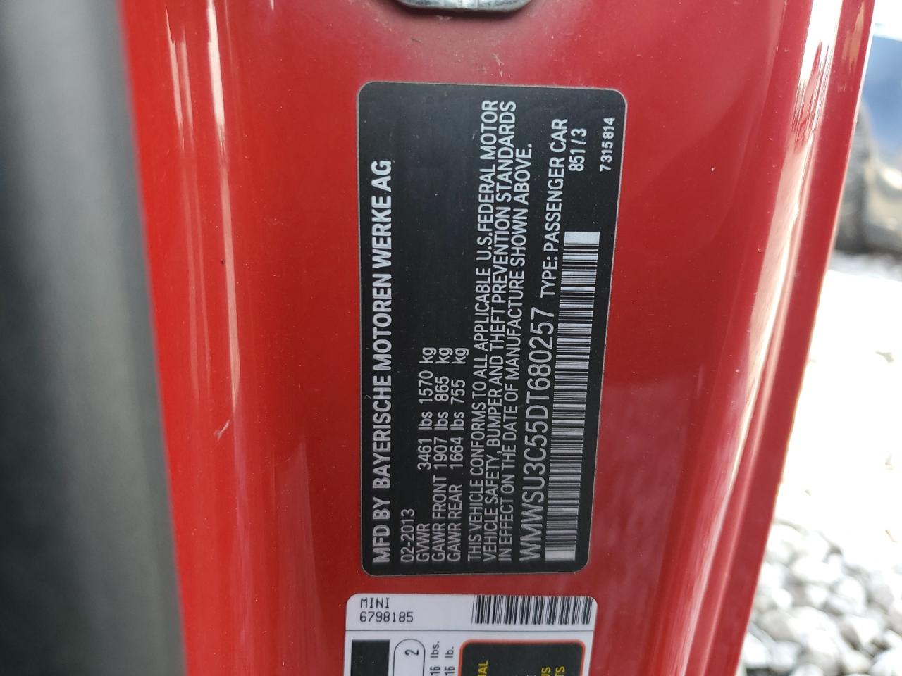 2013 Mini Cooper VIN: WMWSU3C55DT680257 Lot: 64955834