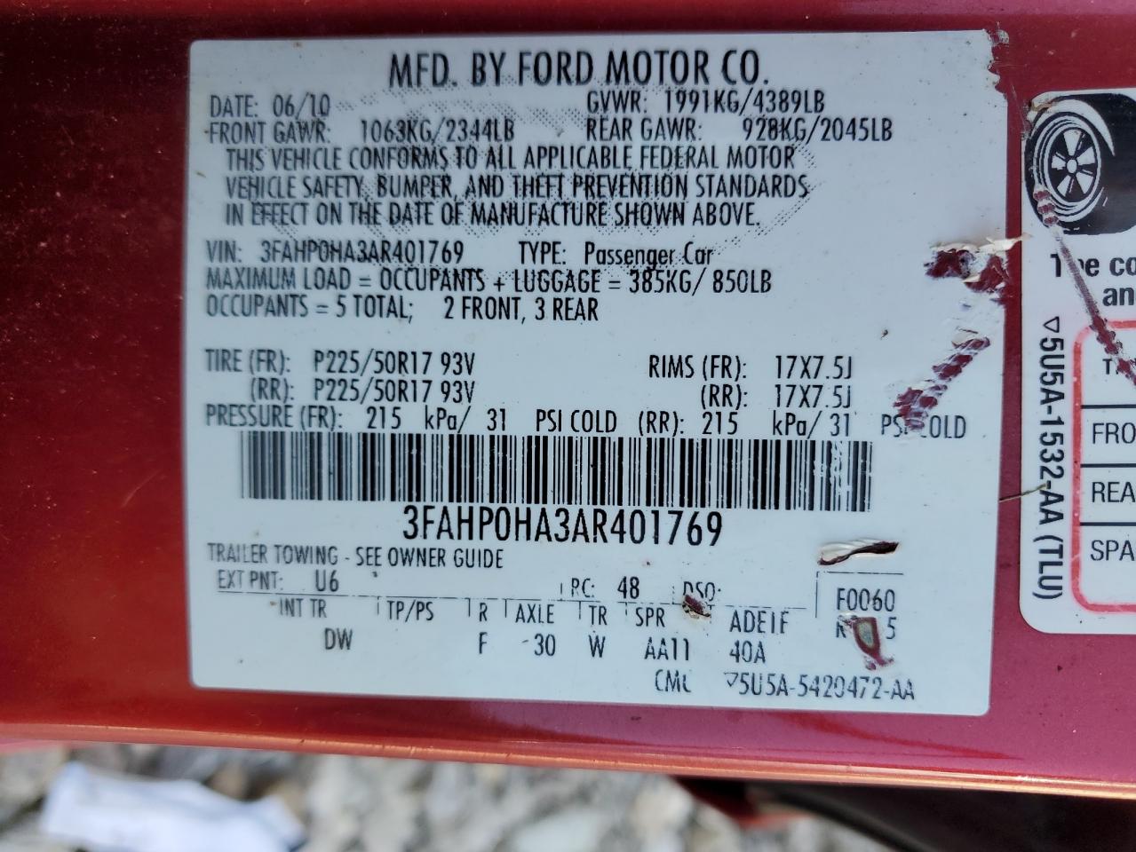 2010 Ford Fusion Se VIN: 3FAHP0HA3AR401769 Lot: 64177324