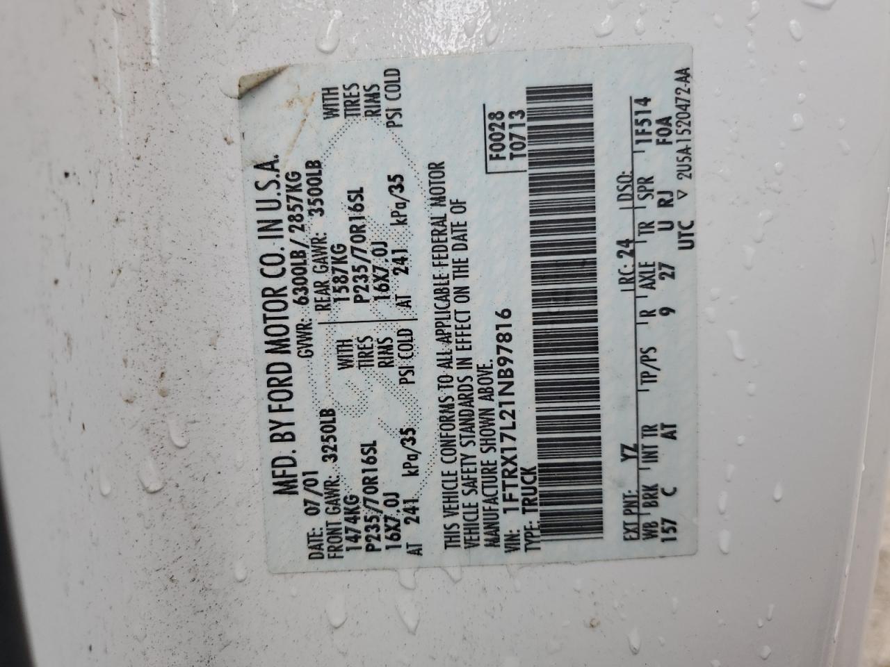 2001 Ford F150 VIN: 1FTRX17L21NB97816 Lot: 63626634