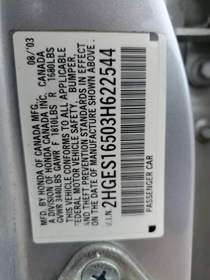 2003 Honda Civic Lx VIN: 2HGES16503H622544 Lot: 63631404