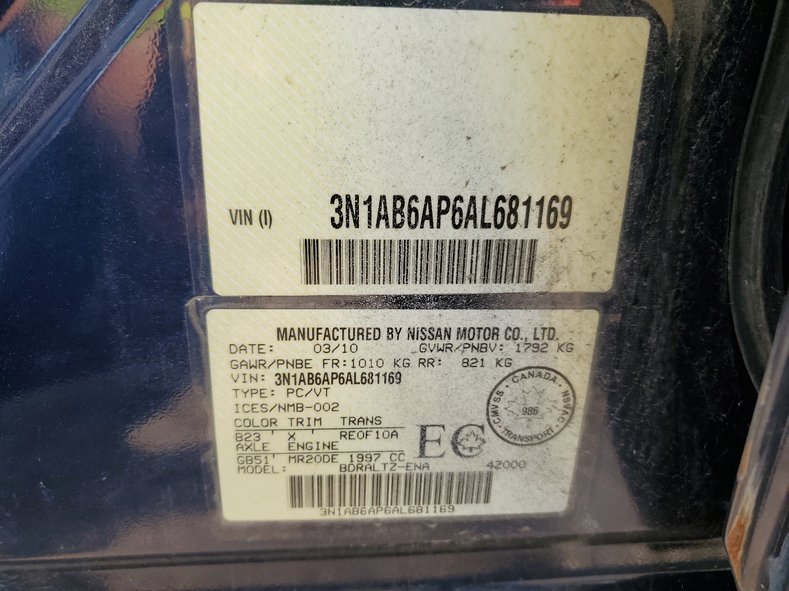 3N1AB6AP6AL681169 2010 Nissan Sentra 2.0