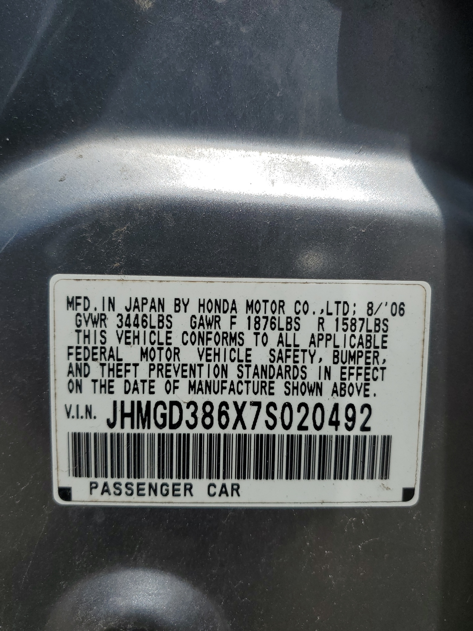 JHMGD386X7S020492 2007 Honda Fit S