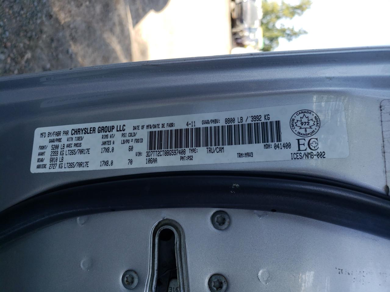 2011 Dodge Ram 2500 VIN: 3D7TT2CT8BG597408 Lot: 64455654