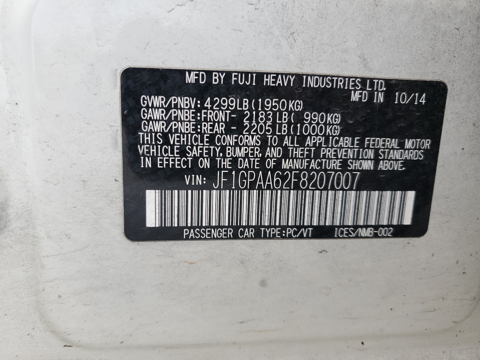 JF1GPAA62F8207007 2015 Subaru Impreza