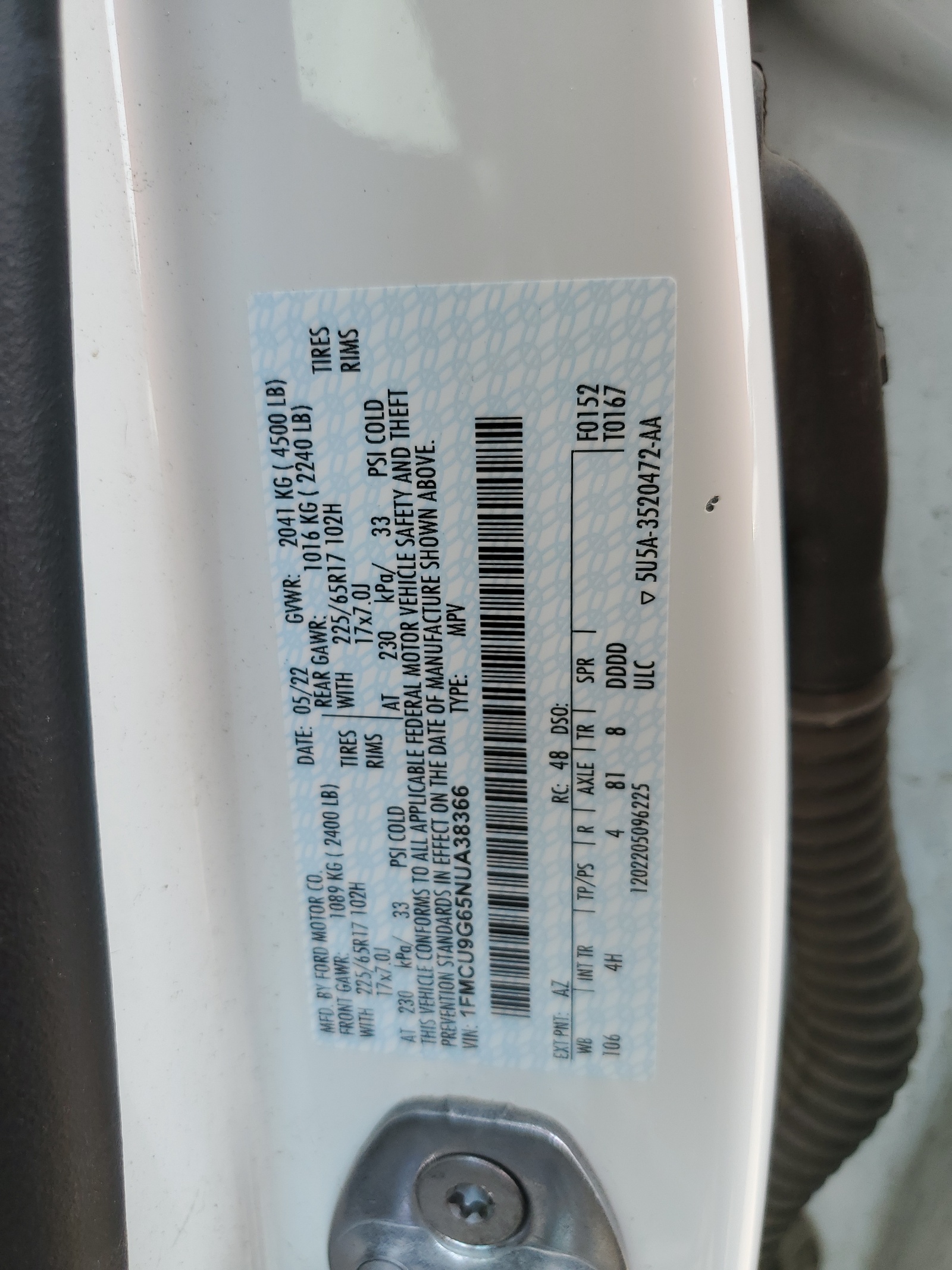 1FMCU9G65NUA38366 2022 Ford Escape Se