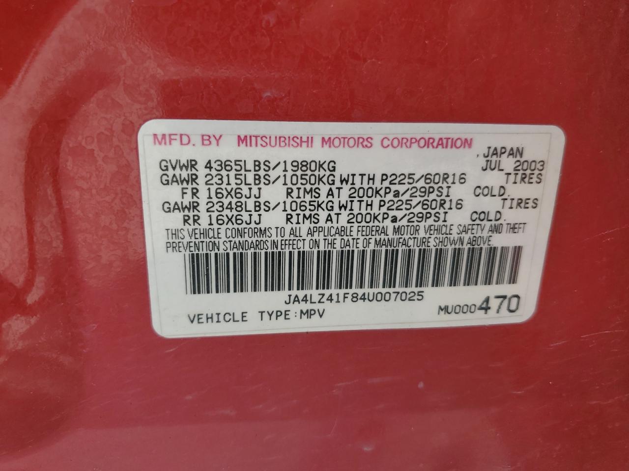 JA4LZ41F84U007025 2004 Mitsubishi Outlander Xls