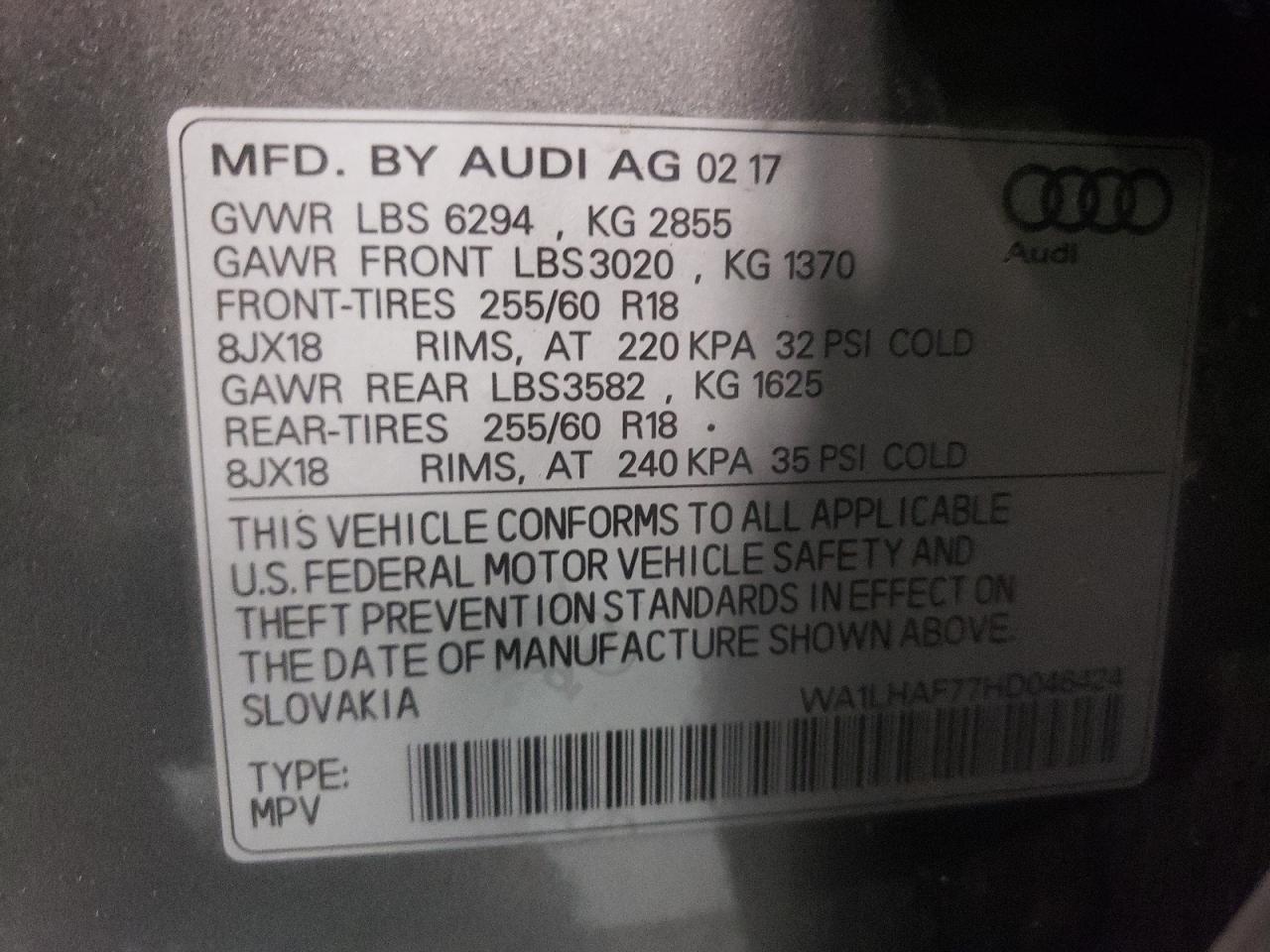 2017 Audi Q7 Premium Plus VIN: WA1LHAF77HD046424 Lot: 65840294