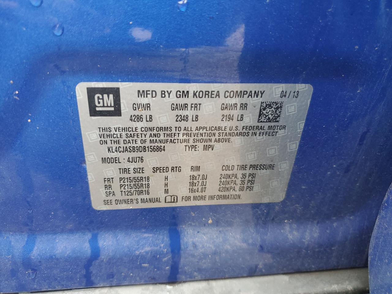 2013 Buick Encore VIN: KL4CJASB9DB156864 Lot: 64448384