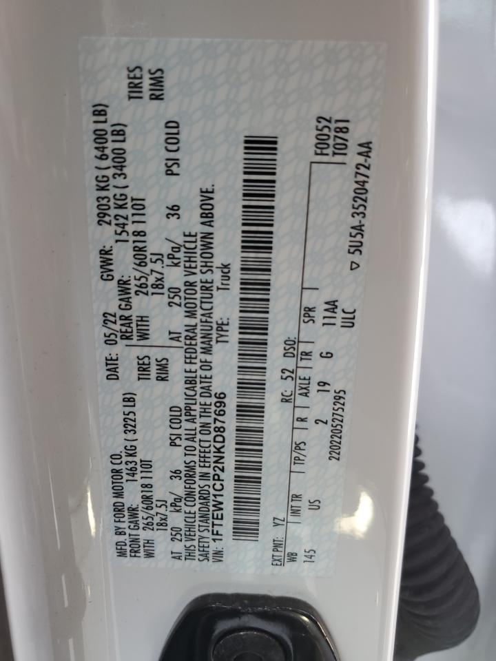 2022 Ford F150 Supercrew VIN: 1FTEW1CP2NKD87696 Lot: 86816984