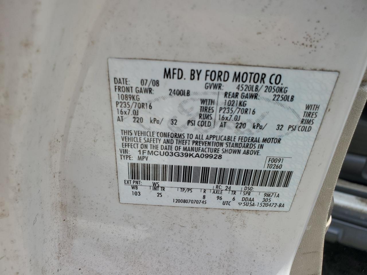 2009 Ford Escape Xlt VIN: 1FMCU03G39KA09928 Lot: 65327694