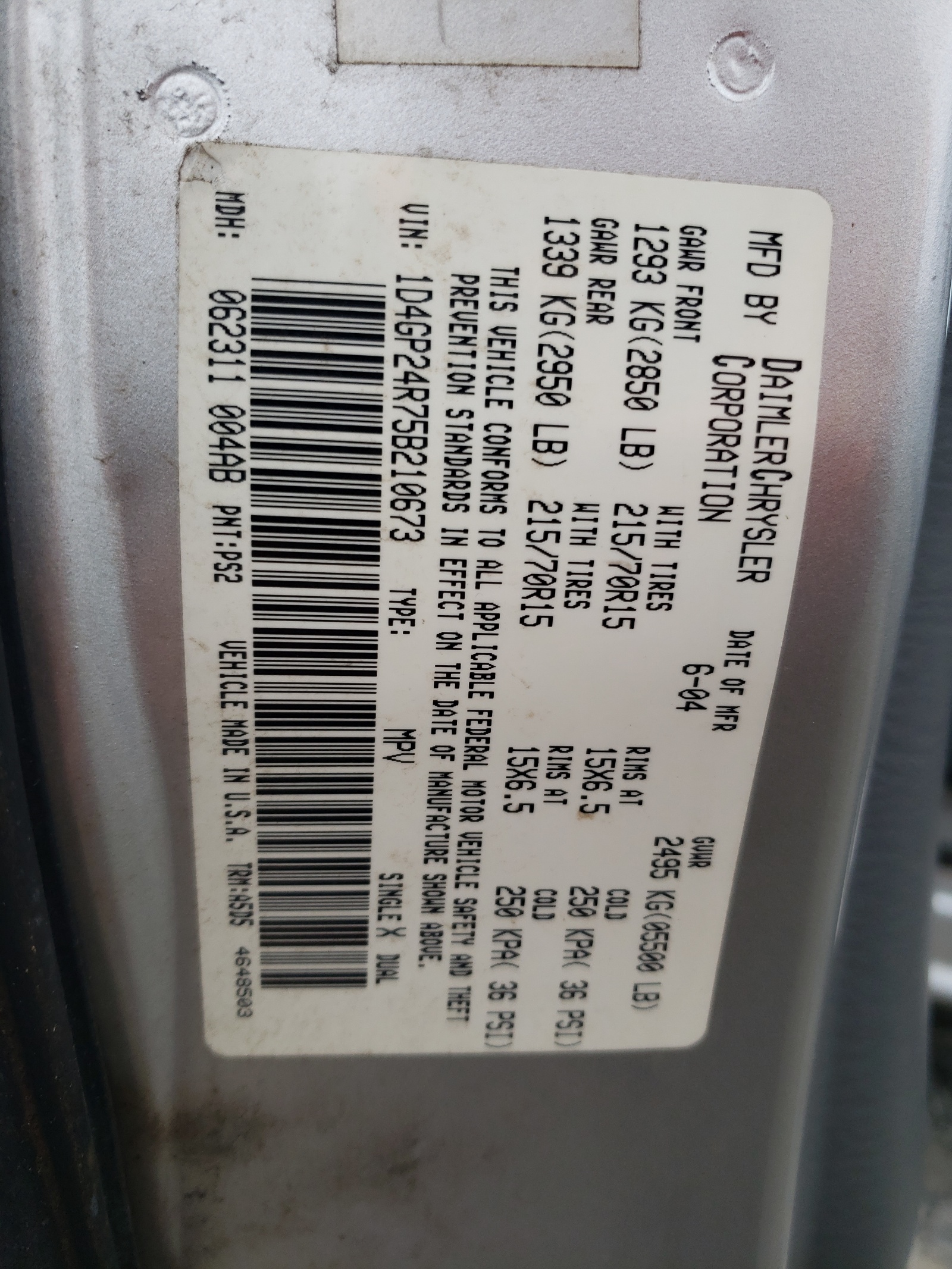 1D4GP24R75B210673 2005 Dodge Grand Caravan Se