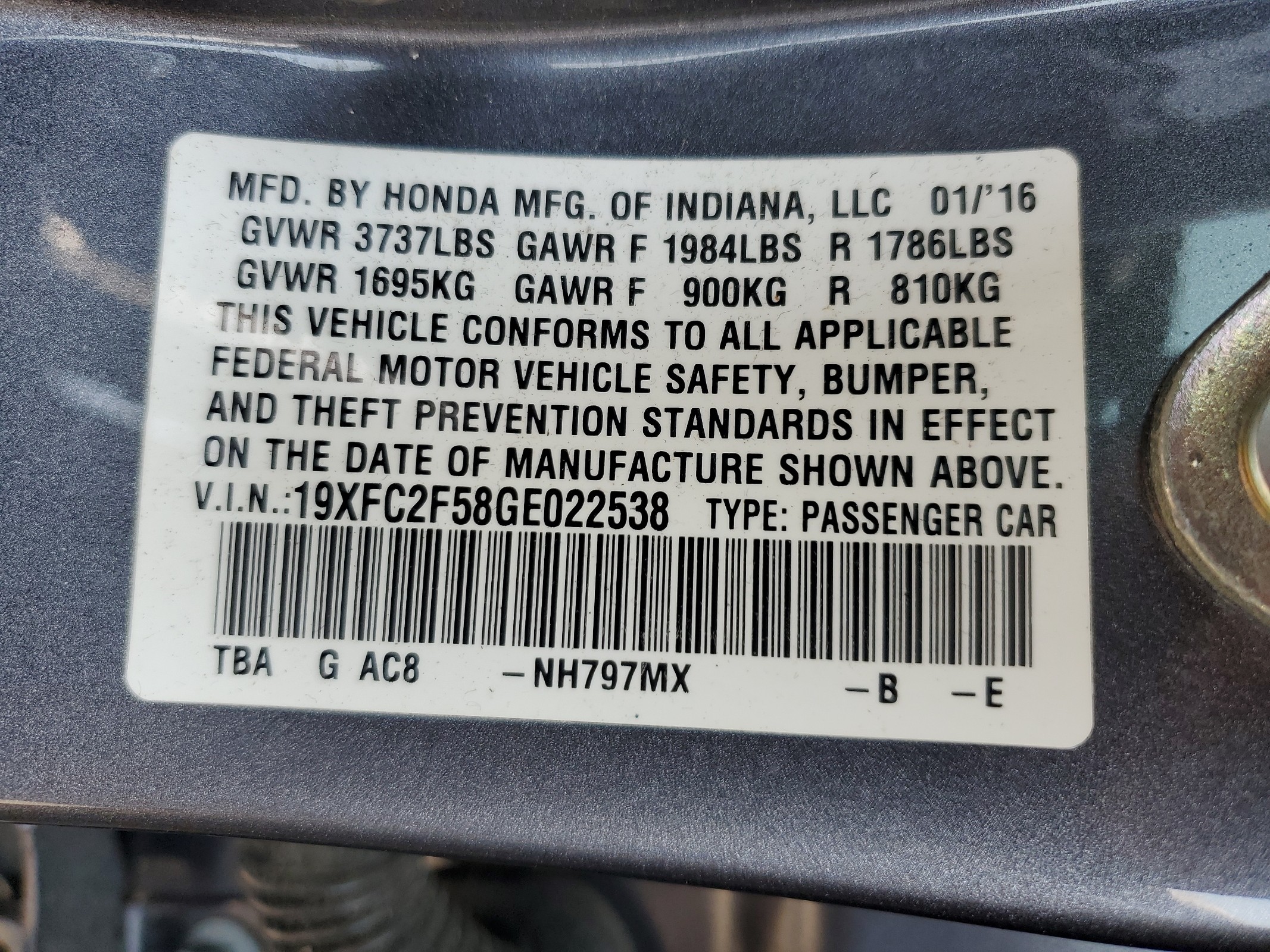 19XFC2F58GE022538 2016 Honda Civic Lx 19XFC2F58GE022538 2016 Honda Civic Lx
