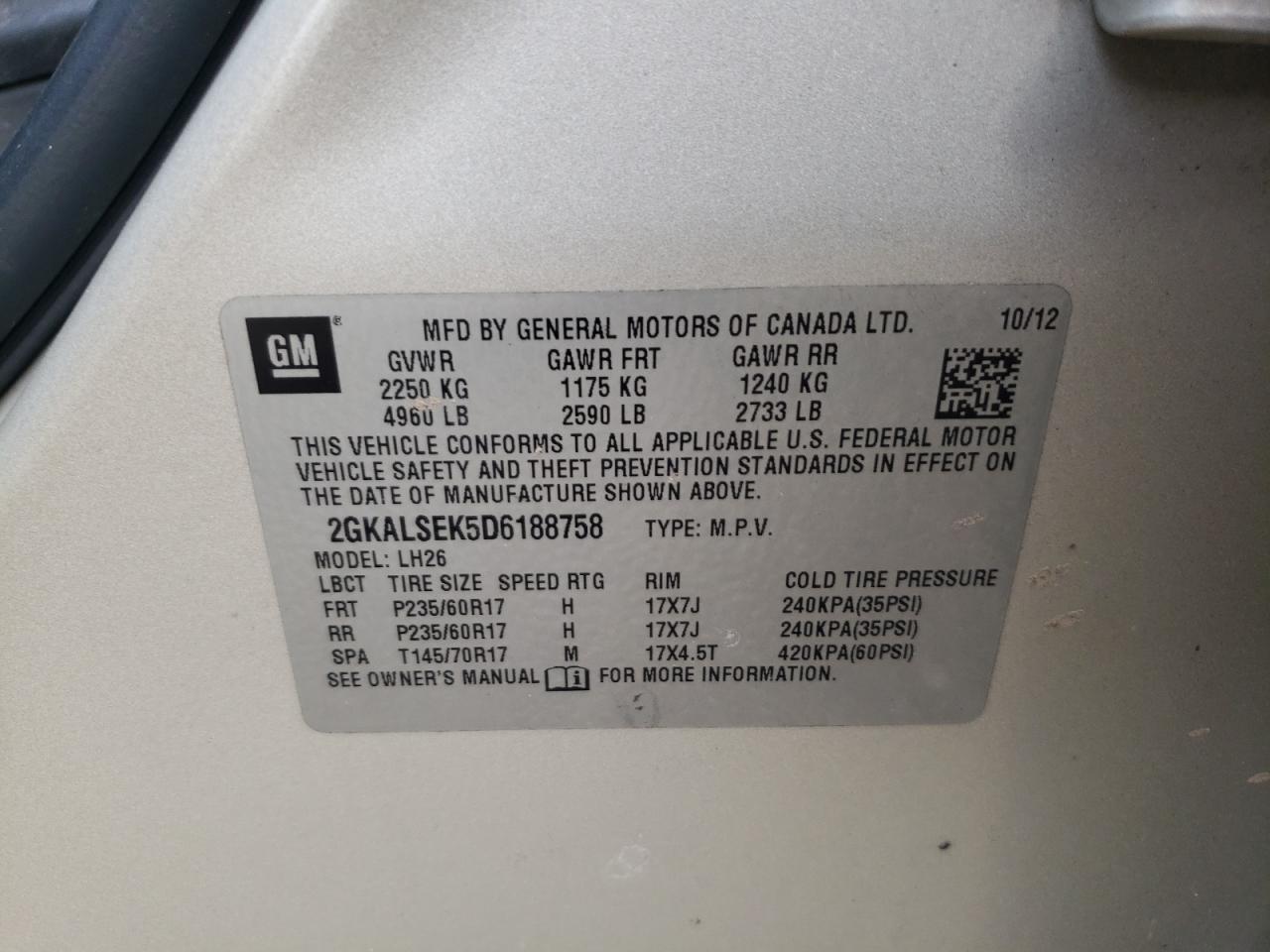 2013 GMC Terrain Sle VIN: 2GKALSEK5D6188758 Lot: 65486464