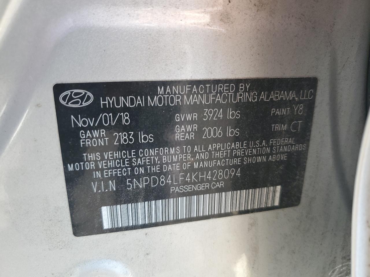 2019 Hyundai Elantra Sel VIN: 5NPD84LF4KH428094 Lot: 63512114