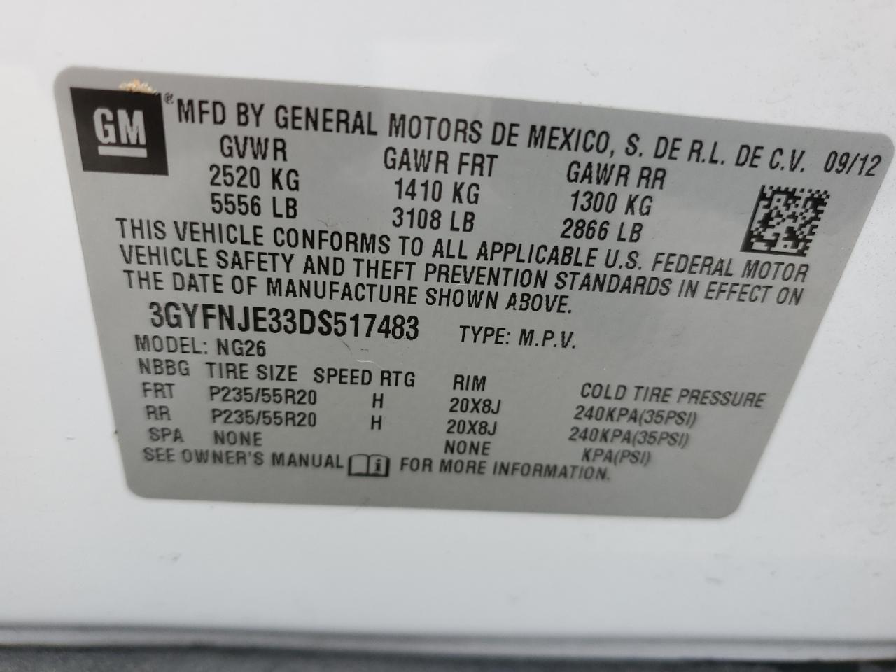 2013 Cadillac Srx Premium Collection VIN: 3GYFNJE33DS517483 Lot: 63098084