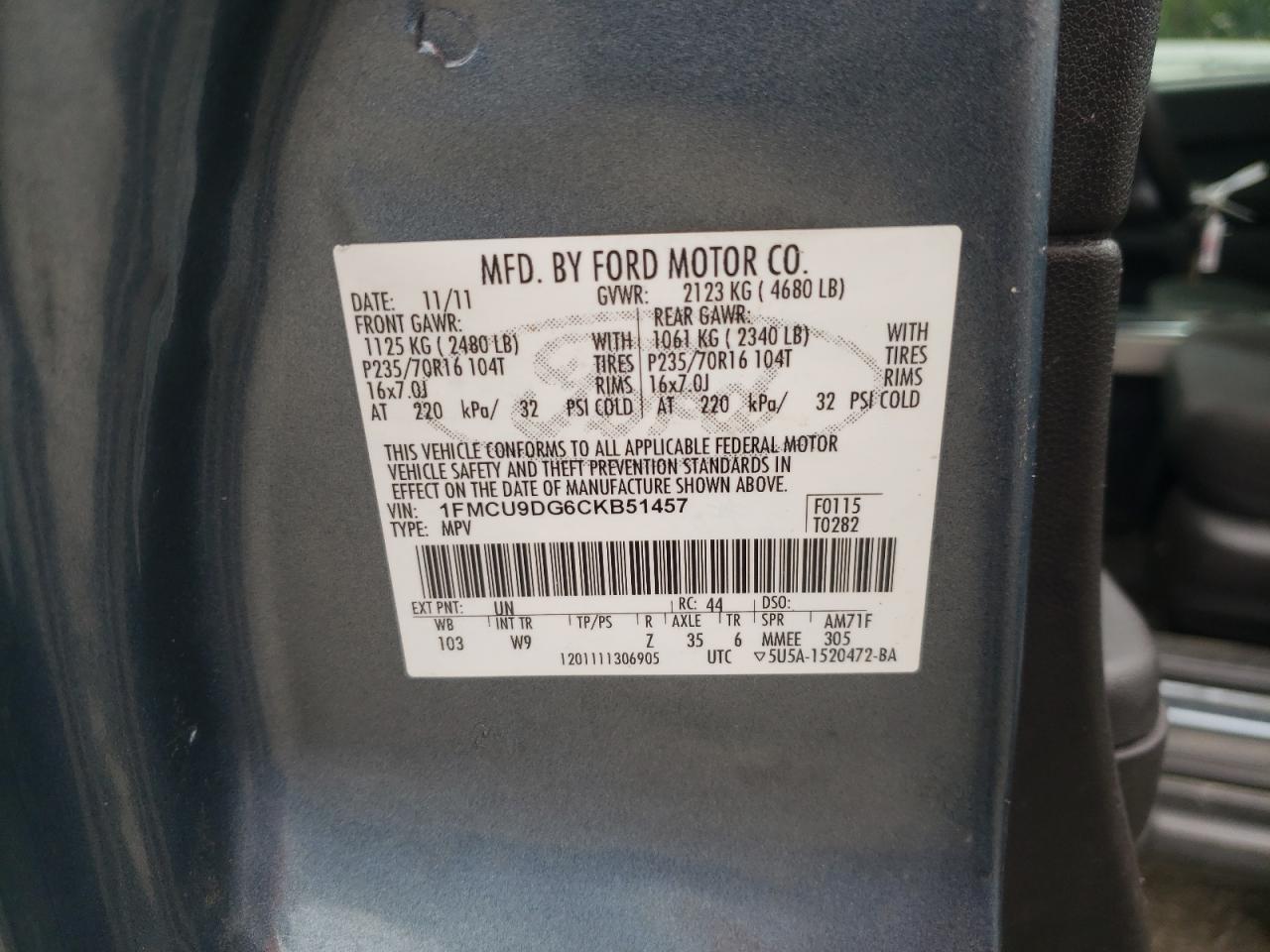 2012 Ford Escape Xlt VIN: 1FMCU9DG6CKB51457 Lot: 63352954