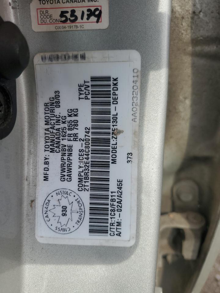 2004 Toyota Corolla Ce VIN: 2T1BR32E44C800742 Lot: 63487704