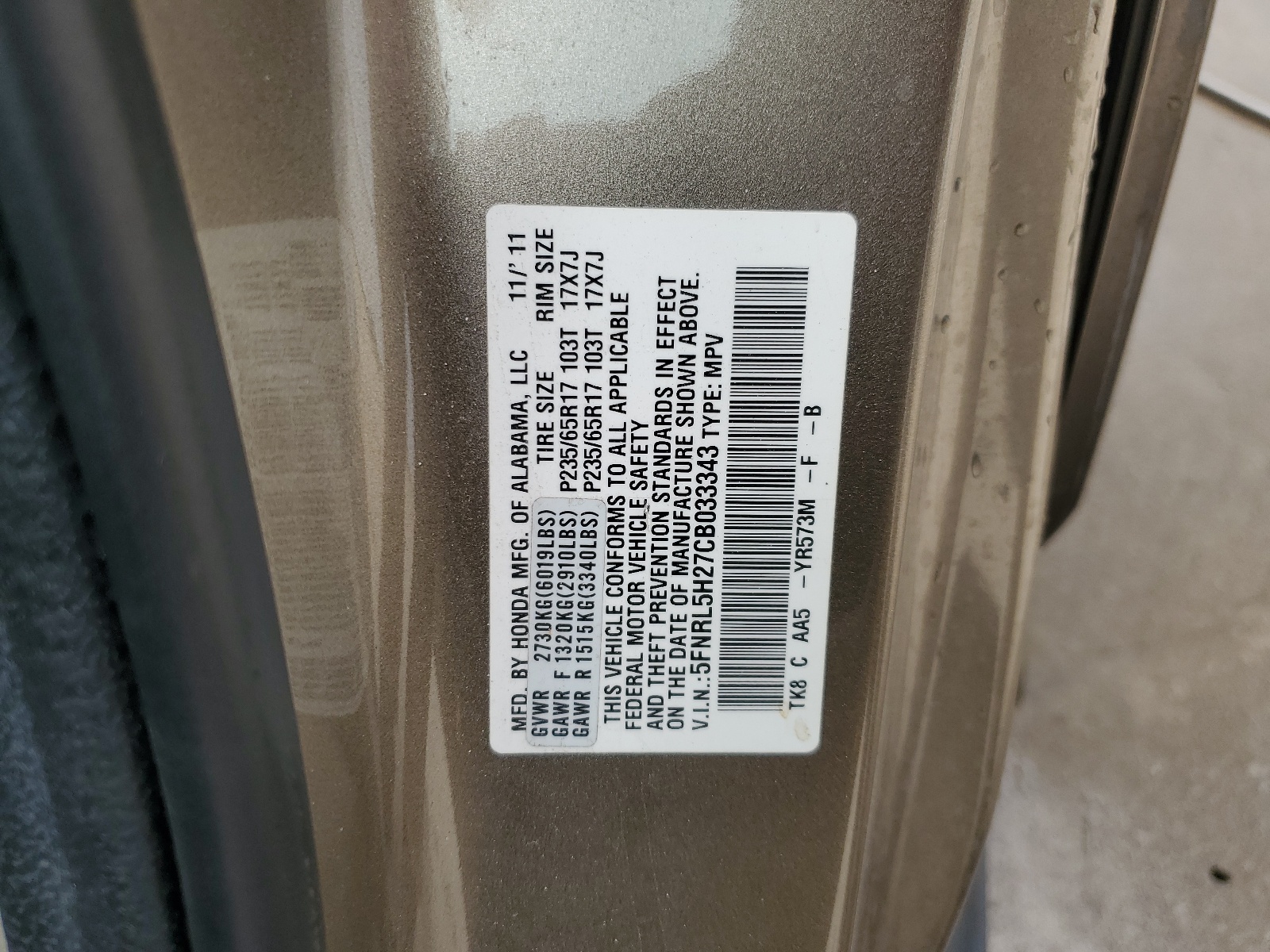5FNRL5H27CB033343 2012 Honda Odyssey Lx