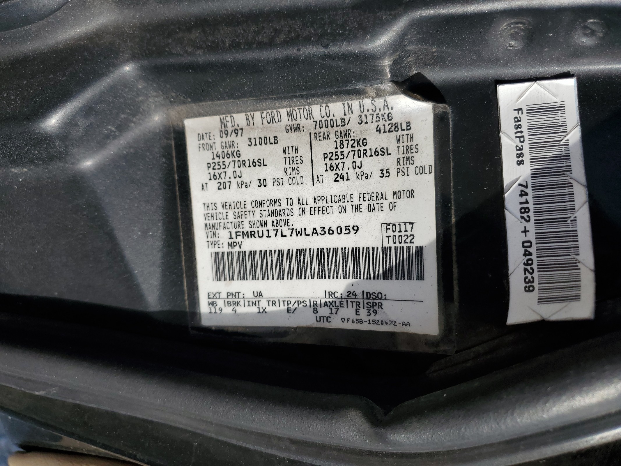 1FMRU17L7WLA36059 1998 Ford Expedition