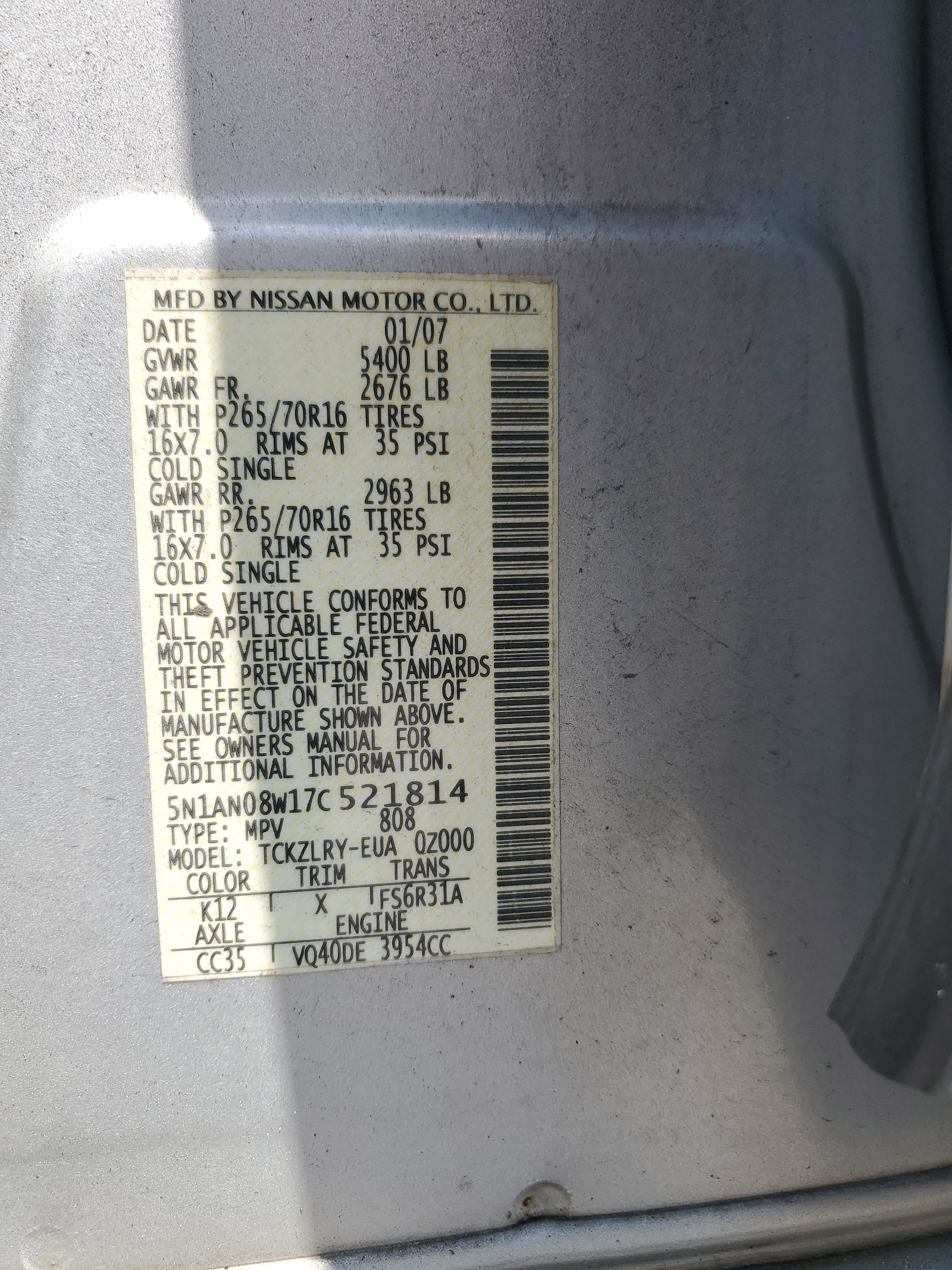 5N1AN08W17C521814 2007 Nissan Xterra Off Road