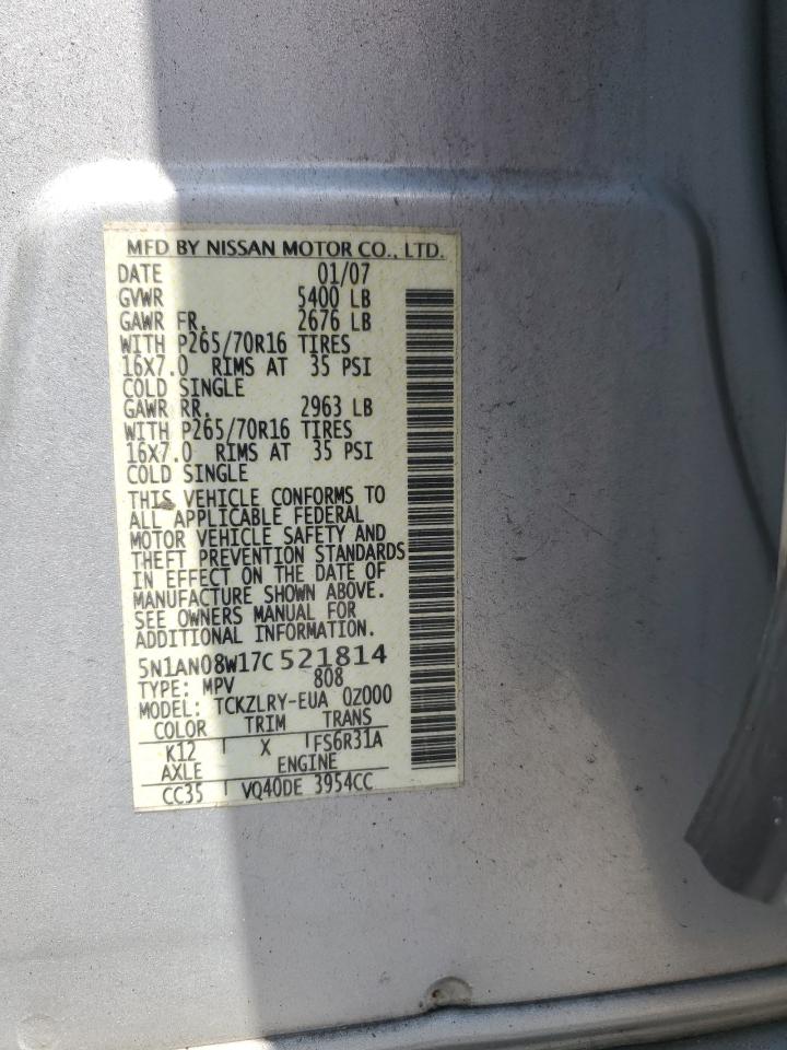 2007 Nissan Xterra Off Road VIN: 5N1AN08W17C521814 Lot: 65202674