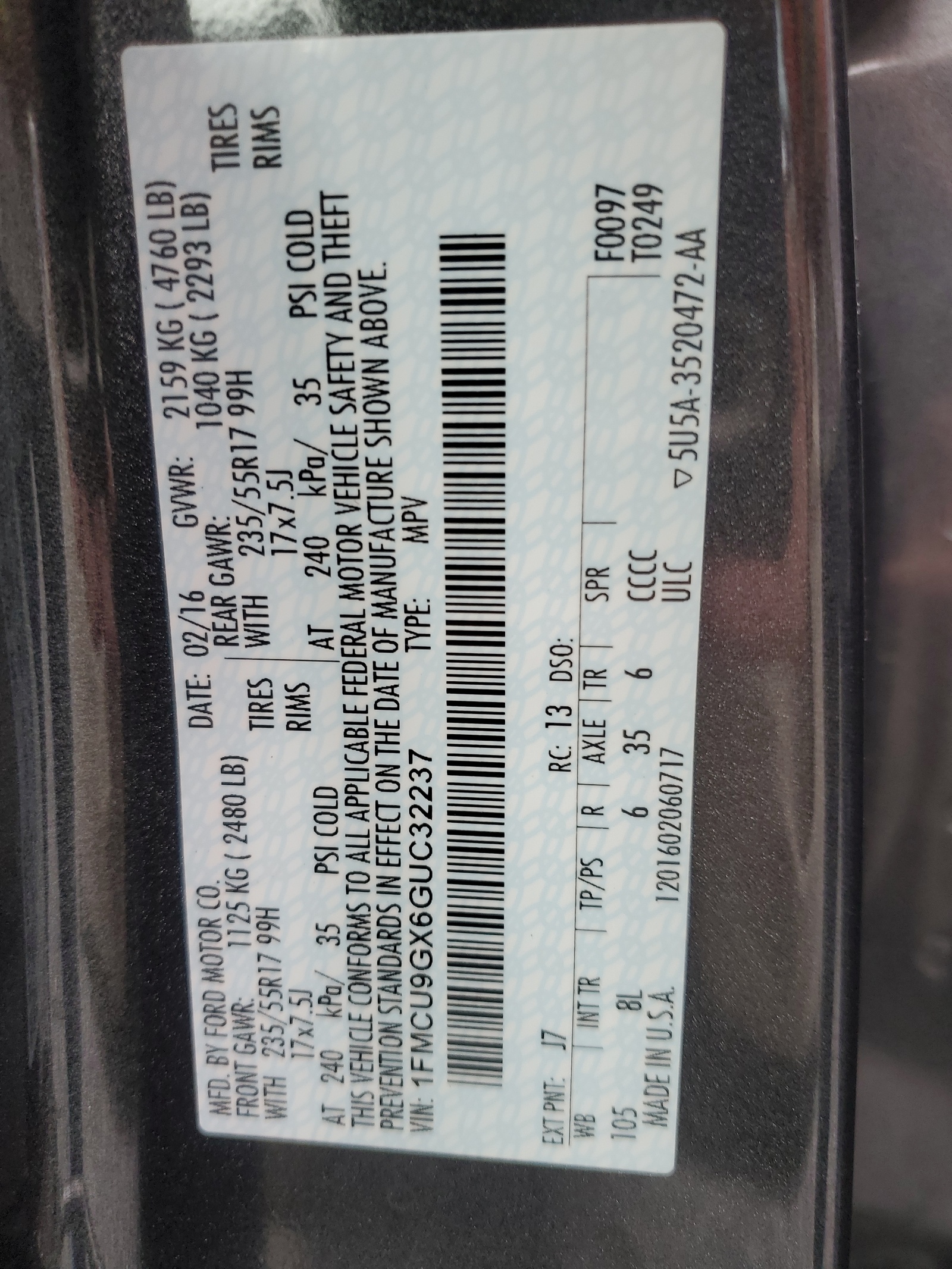 1FMCU9GX6GUC32237 2016 Ford Escape Se