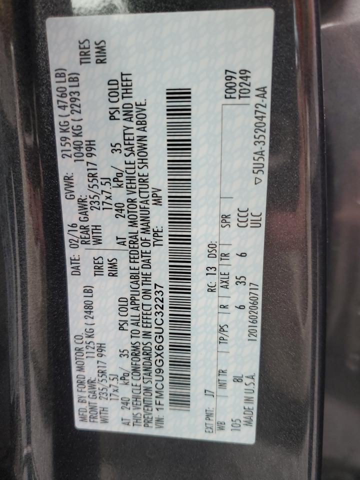 2016 Ford Escape Se VIN: 1FMCU9GX6GUC32237 Lot: 63810474