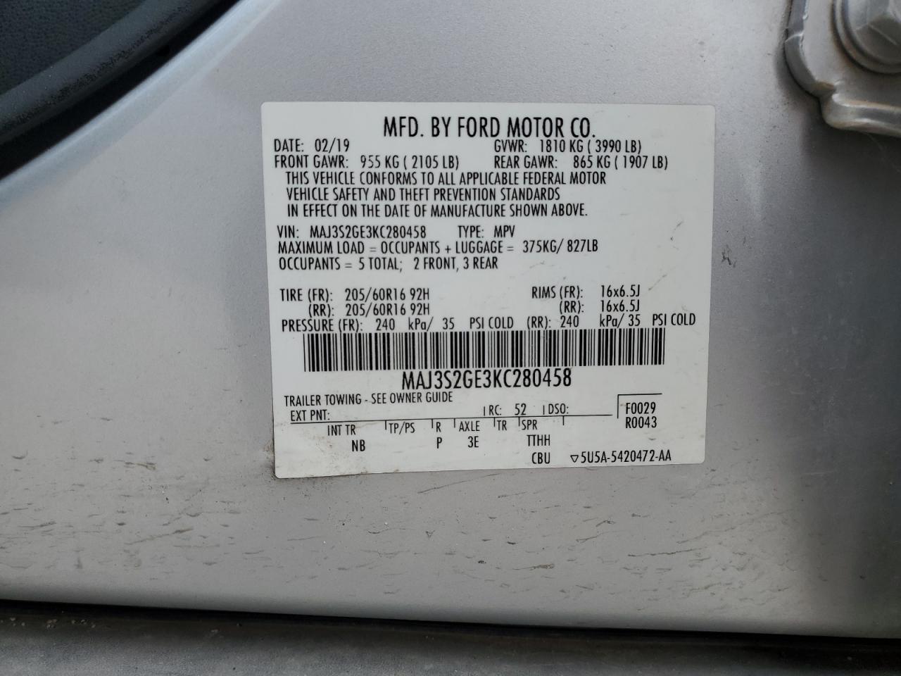 2019 Ford Ecosport Se VIN: MAJ3S2GE3KC280458 Lot: 64872384