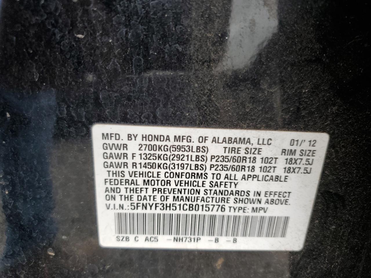 5FNYF3H51CB015776 2012 Honda Pilot Exl