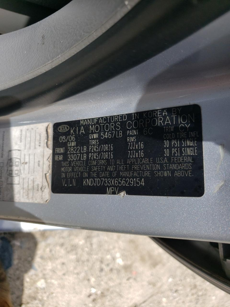 KNDJD733X65629154 2006 Kia Sorento Ex