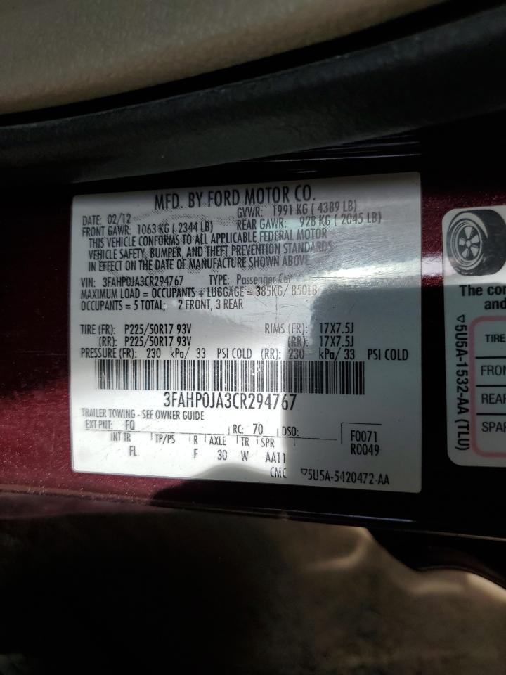 2012 Ford Fusion Sel VIN: 3FAHP0JA3CR294767 Lot: 65061394