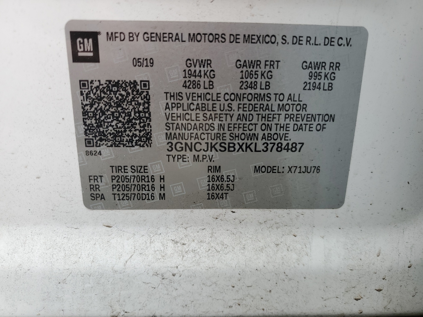 3GNCJKSBXKL378487 2019 Chevrolet Trax Ls